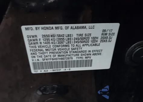 2017 Honda Pilot Elite from USA, damaged, VIN 5FNYF6H07HB072979